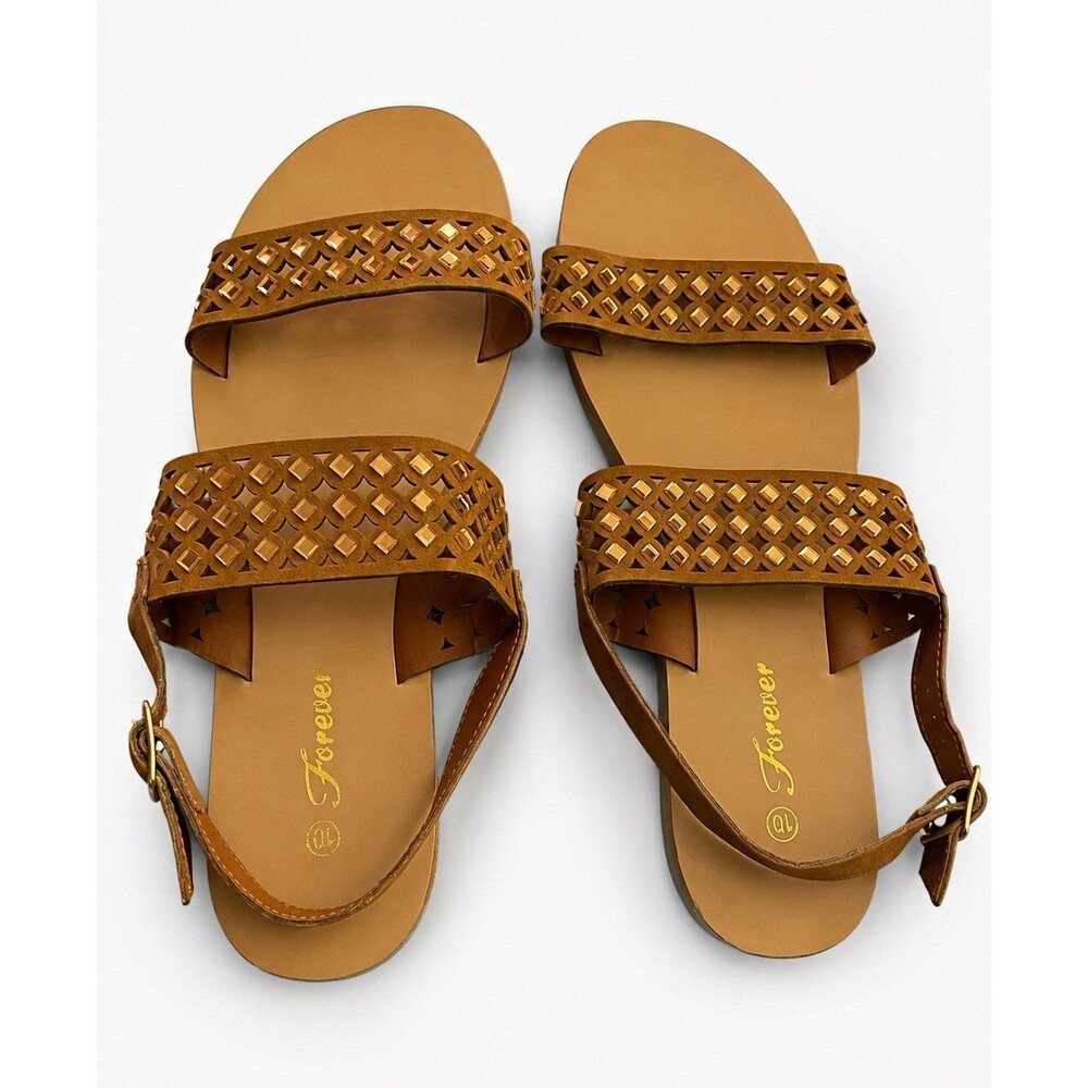 Forever Women’s Brown Slingback Flat Sandals Buckle Adjustable Straps US 10